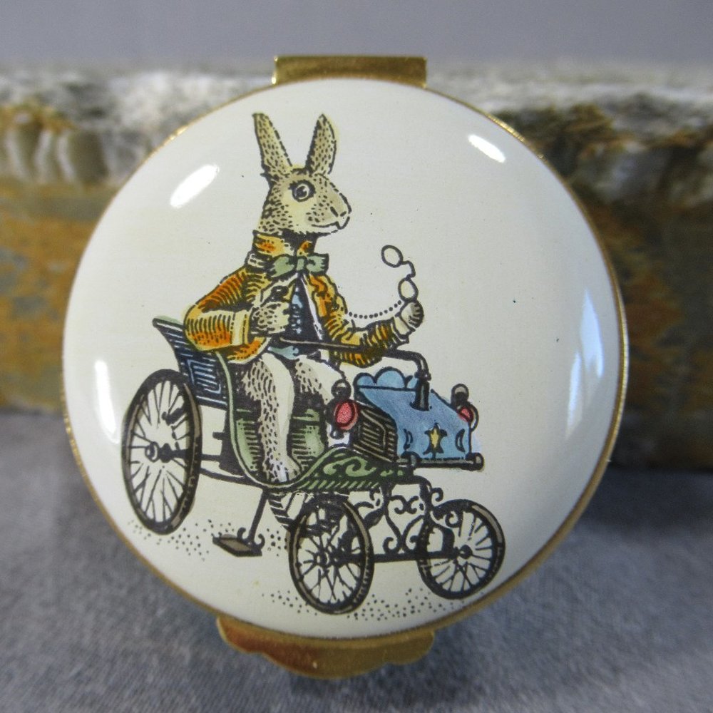 Crummles Enamel Box Rabbit Driving an Antique Car